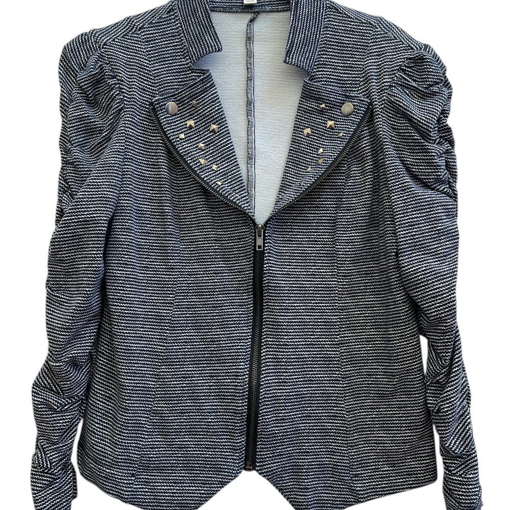 John Paul Richard Studded Puff Sleeve Moto Jacket – Blue & White Knit-S - Picture 2 of 6